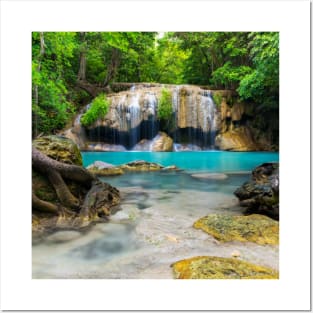 SCENERY 28 - Clear Blue Waterfall Around Green Forest Posters and Art